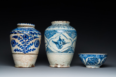 Two blue and white Islamic pottery storage jars and a bowl, Persia, 17/19th C.