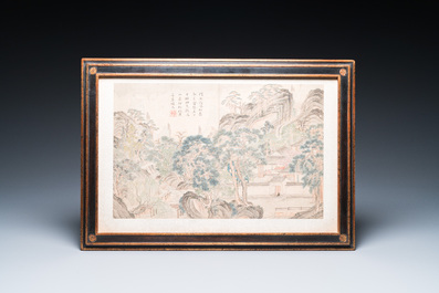 Navolger van Tang Yin 唐寅 (1470-1524): Vijf landschappen en een album met twee landschappen, inkt en kleur op zijde, 20e eeuw