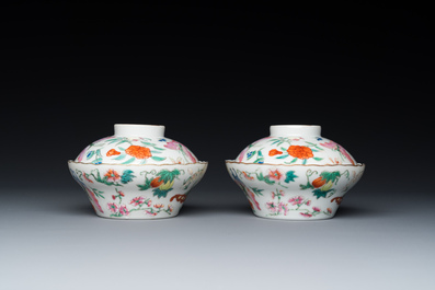 A pair of Chinese famille rose 'butterfly' bowls and covers, Jiaqing mark, 19th C.