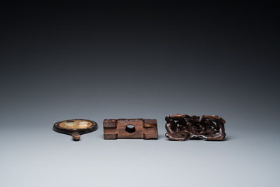 A varied collection of Chinese and Tibetan bronze, brass and wood objects, 19/20th C.