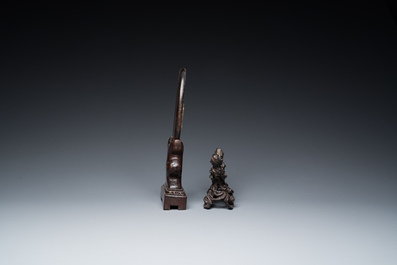 A varied collection of Chinese and Tibetan bronze, brass and wood objects, 19/20th C.