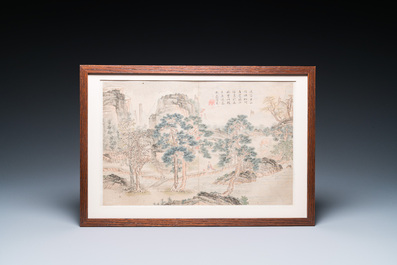 Navolger van Tang Yin 唐寅 (1470-1524): Vijf landschappen en een album met twee landschappen, inkt en kleur op zijde, 20e eeuw