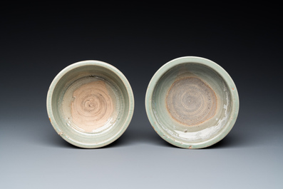 A Chinese Longquan celadon 'twin fish' dish and two censers, Song and/or later