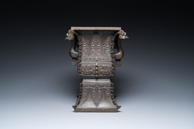 A Chinese partly gilt bronze archaistic inscribed 'fangzun' vase, 19/20th C.