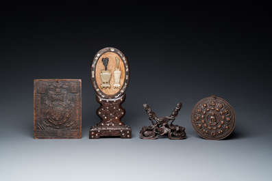 A varied collection of Chinese and Tibetan bronze, brass and wood objects, 19/20th C.