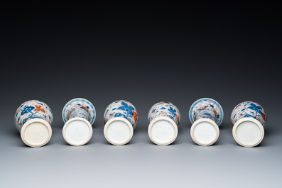 A Chinese Imari-style garniture of six vases with floral design, Kangxi