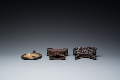 A varied collection of Chinese and Tibetan bronze, brass and wood objects, 19/20th C.