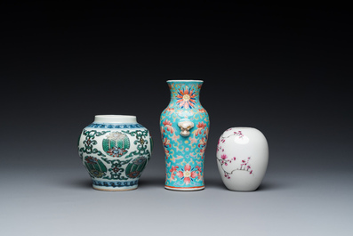Three small Chinese doucai and famille rose vases, 19/20th C.