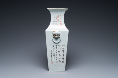 Een Chinese vierkante qianjiang cai vaas, gesigneerd Ma Qingyun 馬慶雲, gedateerd 1914