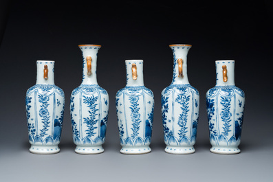 A Chinese blue and white garniture of five vases with floral design, Kangxi