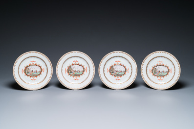 19 assiettes et plats en porcelaine de Chine famille rose dans le style de Meissen &agrave; d&eacute;cor d'un cavalier, Qianlong