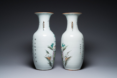 A pair of Chinese famille rose vases, signed Yu Yongfeng 余永豐, dated 1922