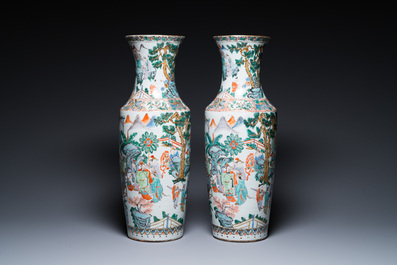 A pair of Chinese Canton famille verte vases with garden scenes, 19th C.