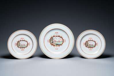 19 assiettes et plats en porcelaine de Chine famille rose dans le style de Meissen &agrave; d&eacute;cor d'un cavalier, Qianlong