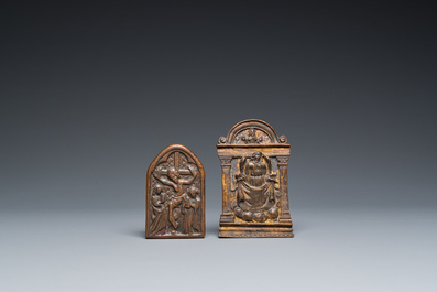 A bronze mortar, a censer and two pax of which one gilded, Western Europe, 16/17th C.