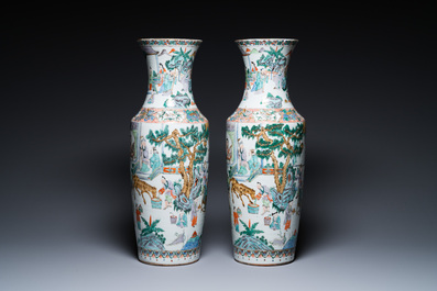 A pair of Chinese Canton famille verte vases with garden scenes, 19th C.