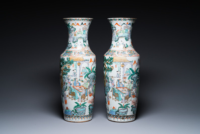 A pair of Chinese Canton famille verte vases with garden scenes, 19th C.