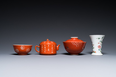 Four Chinese famille rose wares and three with coral-red-ground, 19/20th C.