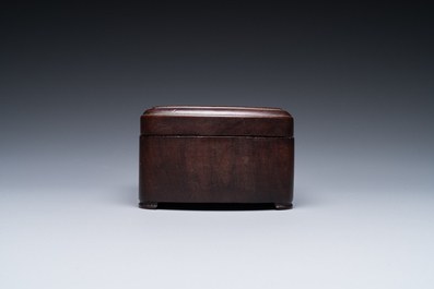 A Chinese huali box and cover, a burl wood-topped stand, a table screen mirror and a pair of Buddhist lions,  19/20th C.