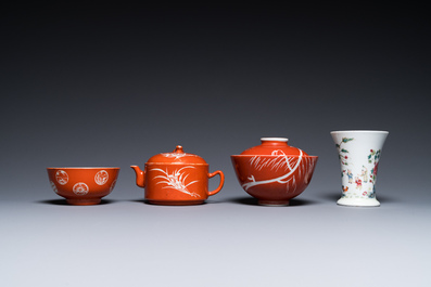 Four Chinese famille rose wares and three with coral-red-ground, 19/20th C.