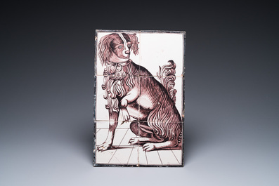 Une paire de tableaux de carreaux de Delft &agrave; d&eacute;cor d'un chat et d'un chien, un tableau au cage &agrave; oiseaux et six briques r&eacute;fractaires, 18/19&egrave;me