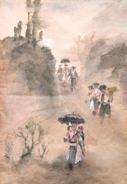 Pham Minh Duc (Vietnam, 20e eeuw): Vier diverse landschappen met figuren, inkt en kleur op papier