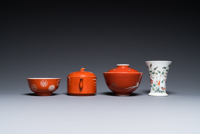 Four Chinese famille rose wares and three with coral-red-ground, 19/20th C.