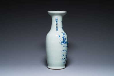 A Chinese blue and white celadon-ground vase, a pair of Nanking vases and a famille verte fish bowl, 19th C.