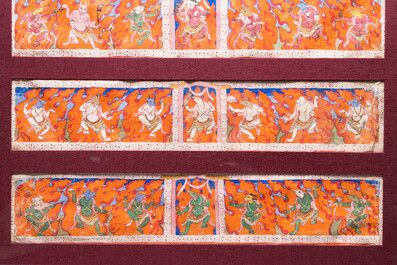Huit tsaklis et trois couvertures de livres en bois peint, Tibet, 19&egrave;me