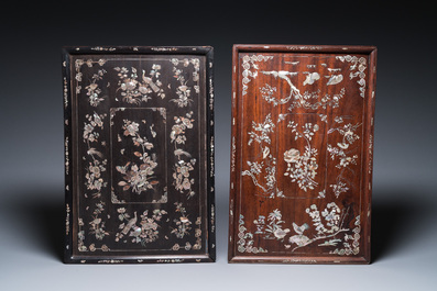 Six Chinese wooden stands and three trays with inlay of mother-of-pearl, 19/20th C.