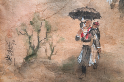 Pham Minh Duc (Vietnam, 20&egrave;me): Quatre paysages aux personnages divers, encre et couleurs sur papier