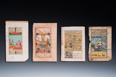 Persian and Indian school: seven miniatures with figurative and floral designs on Quran pages, 19/20th C.