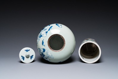 Three Chinese famille rose vases, a hat stand and a blue and white celadon-ground jar and cover, 19th C.