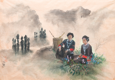 Pham Minh Duc (Vietnam, 20&egrave;me): Quatre paysages aux personnages divers, encre et couleurs sur papier