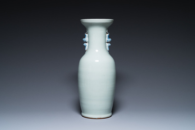 A Chinese blue and white celadon-ground vase, a pair of Nanking vases and a famille verte fish bowl, 19th C.