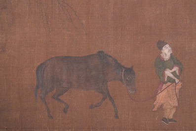 Bo Yuan 伯遠: 'Een stalknecht met zijn paard', inkt en kleur op zijde, wellicht Ming