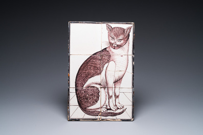 A pair of Dutch Delft manganese 'cat and dog' tile murals, a 'birdcage' mural and a set of stove tiles, 18/19th C.