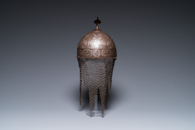 Un casque (khula khud), un bouclier (dhal) et une armure de bras (dastana) en cuivre &eacute;tam&eacute;, art qadjar, la Perse, 19&egrave;me