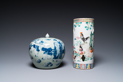 Three Chinese famille rose vases, a hat stand and a blue and white celadon-ground jar and cover, 19th C.