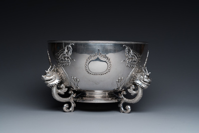 A large Chinese silver bowl resting on three dragon feet, marked for Kun He, Shanghai, 19/20th C.