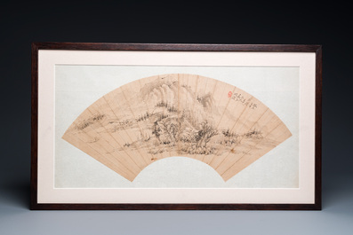 Ecole chinoise: 'Paysage montagneux', encre sur papier d'&eacute;ventail, dat&eacute; 1883