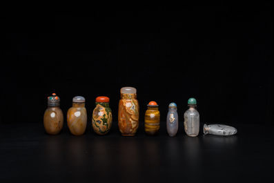 Eight Chinese agate, hardstone and quartz snuff bottles, 19/20th C.