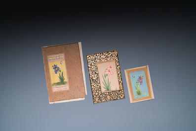 Persian and Indian school: seven miniatures with figurative and floral designs on Quran pages, 19/20th C.