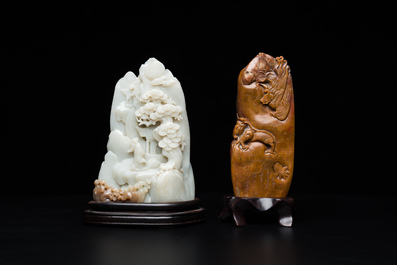 A Chinese brown jade inscribed seal stamp and a white jade 'mountainous landscape' carving, 19/20th C.