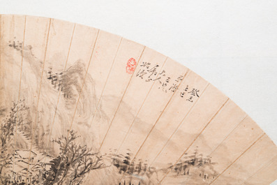 Chinese school: 'Berglandschap', inkt op papier voor een waaier, gedateerd 1883