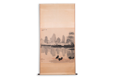 Xu Beihong 徐悲鴻 (1895-1953): 'Landschap met zes aalscholvers&rsquo;, houtsnede door Rong Bao Zhai, 20e eeuw