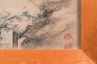 Chinese school: 'A scholar and his servant on a terrace', ink and colour on paper, 18/19th C.