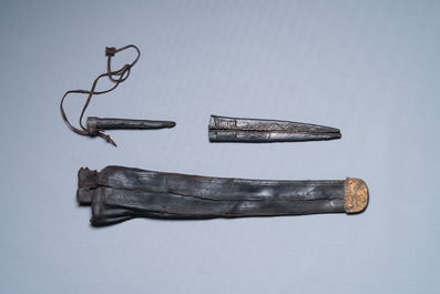 Three scabbards for daggers in leather with copper and pewter mounts, Low Countries, 14/15th C.
