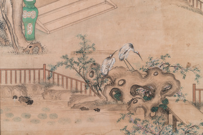 Chinese school: 'A scholar and his servant on a terrace', ink and colour on paper, 18/19th C.