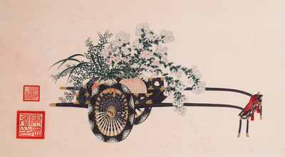 Navolger van Qu Zhaolin 屈兆麟 (1866-1937): 'Drie karren met bloemen',  inkt en kleur op papier, gedateerd 1945